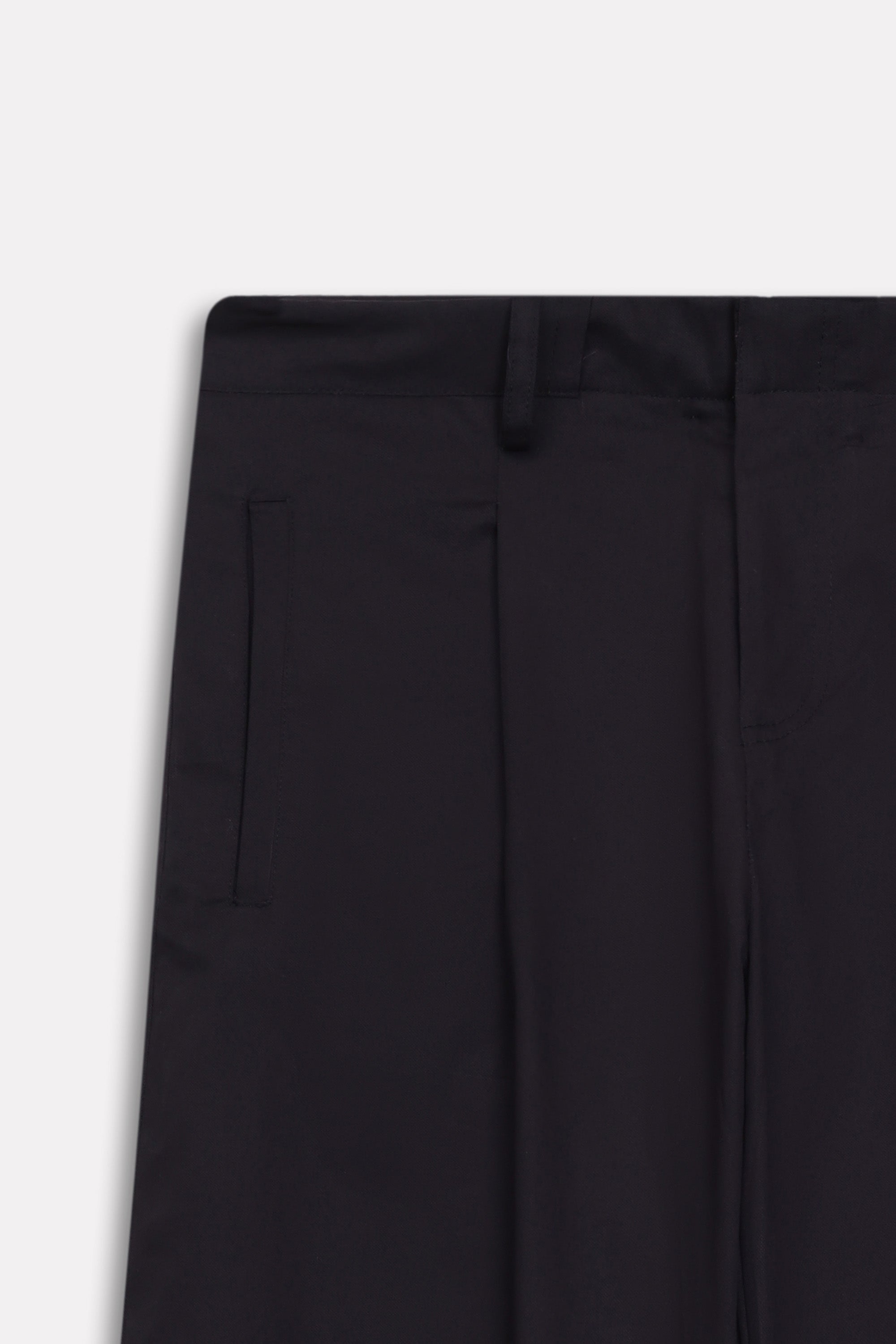 Additional view of the black barrel-leg pleated trouser, by SOLA Pakistan.