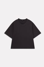 Black drop shoulder cotton t-shirt, alternate angle, by SOLA Pakistan.
