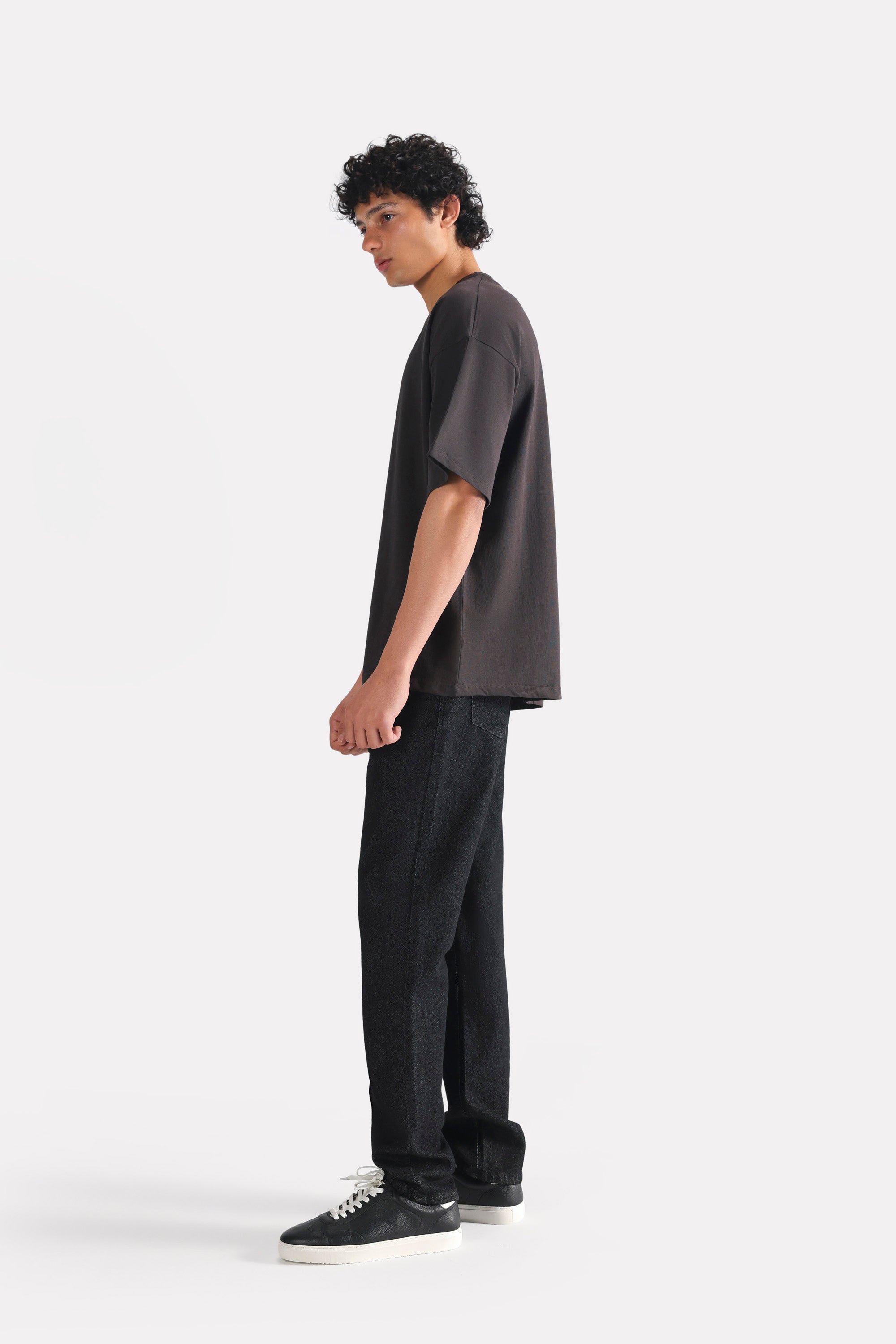 Black drop shoulder cotton t-shirt, full styled look, by SOLA Pakistan.