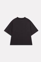 Texture and fabric detail, black drop shoulder cotton t-shirt, by SOLA Pakistan.