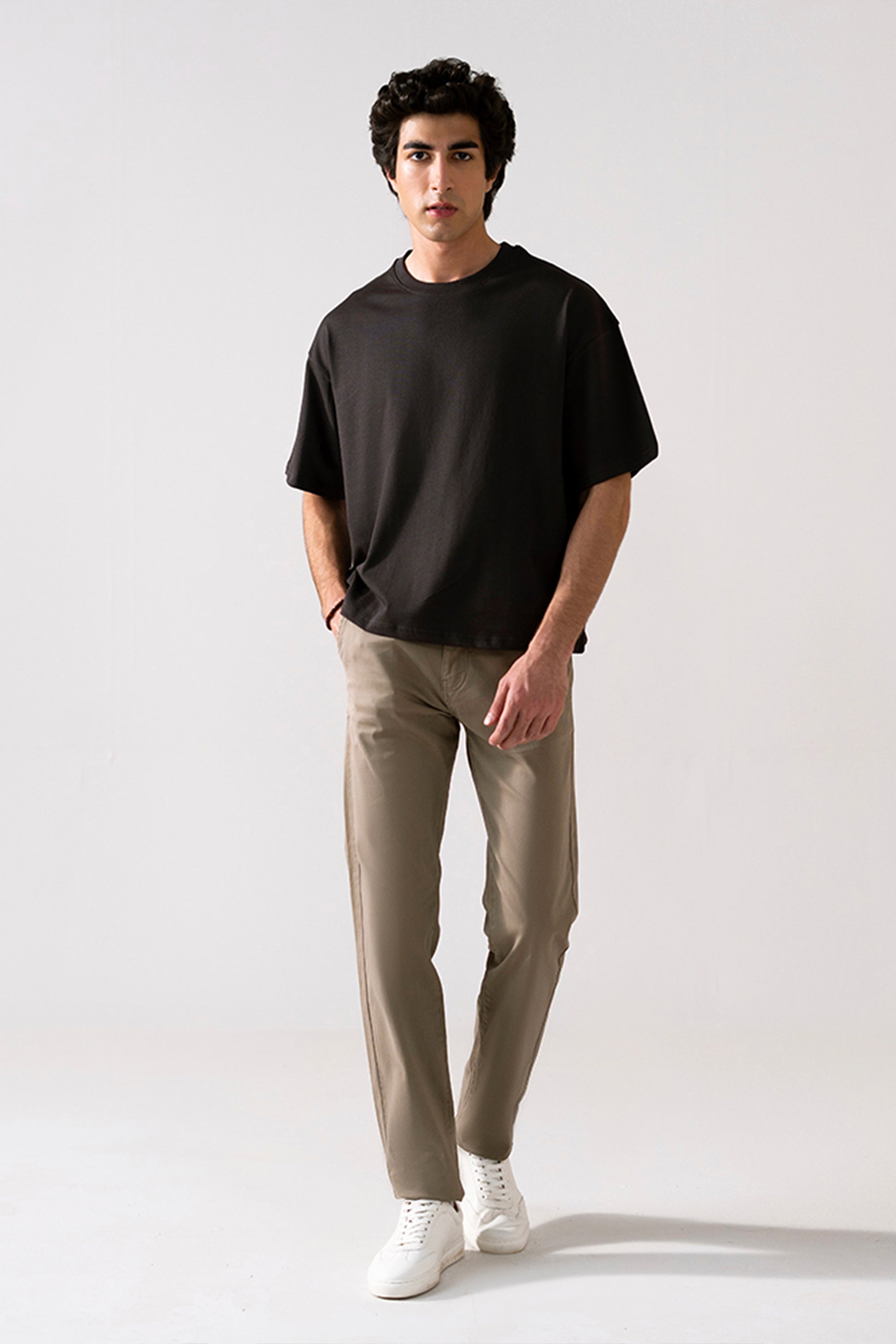 Black heavy weight cropped t-shirt, full styled look, by SOLA Pakistan.