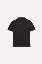 Black micro-textured cotton pique polo, alternate angle, by SOLA Pakistan.