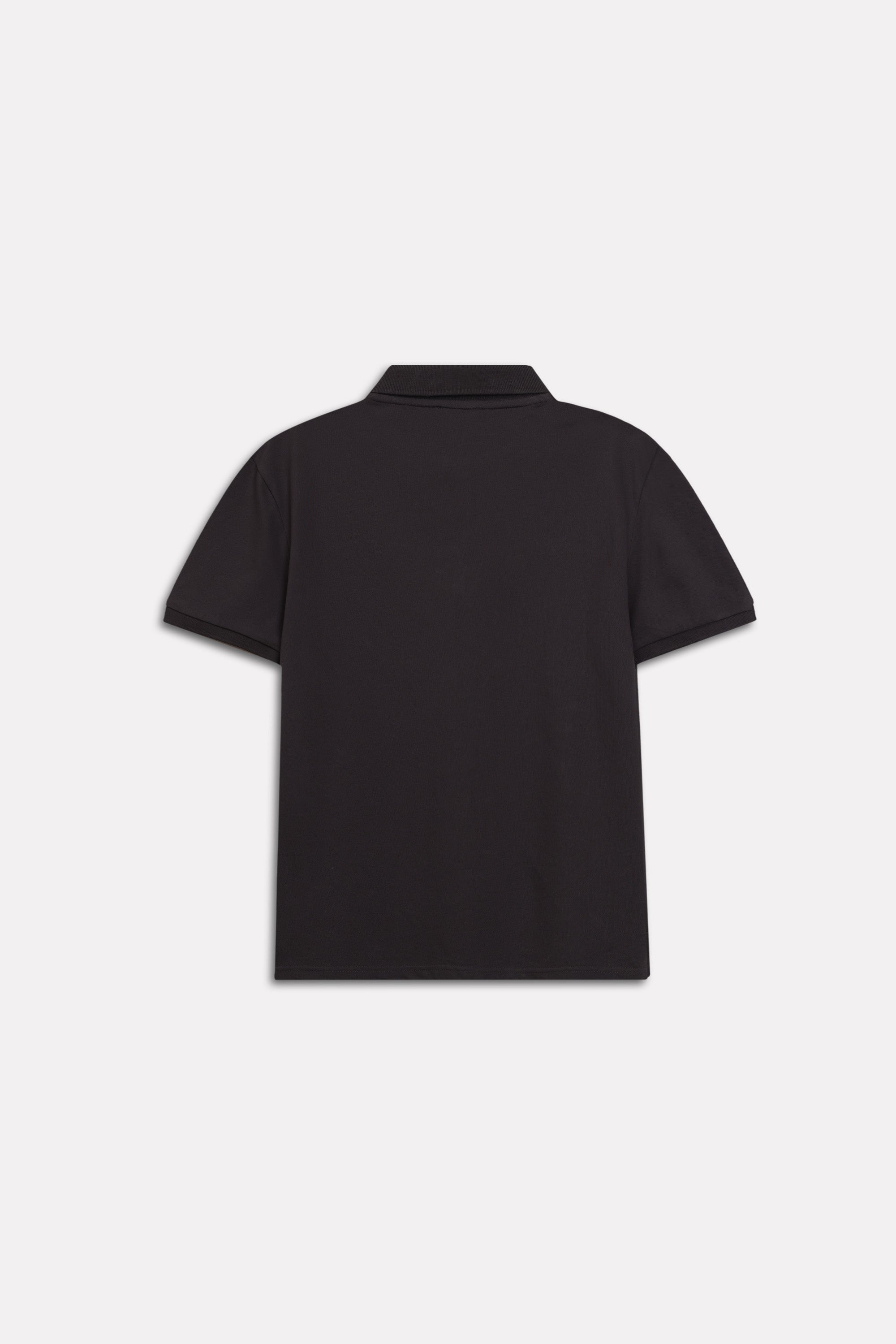 Black micro-textured cotton pique polo, alternate angle, by SOLA Pakistan.