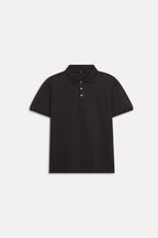 Flat lay of the black micro-textured cotton pique polo, by SOLA Pakistan.