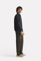 Black regular fit cotton shirt, full styled look, by SOLA Pakistan.