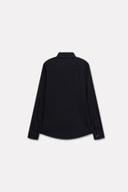 Texture and fabric detail, black regular fit cotton shirt, by SOLA Pakistan.