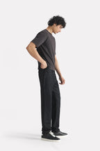 Black regular fit crew neck t-shirt, full styled look, by SOLA Pakistan.