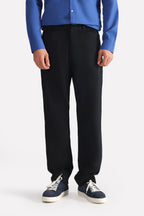 Black straight fit cotton trouser, full styled look, by SOLA Pakistan.