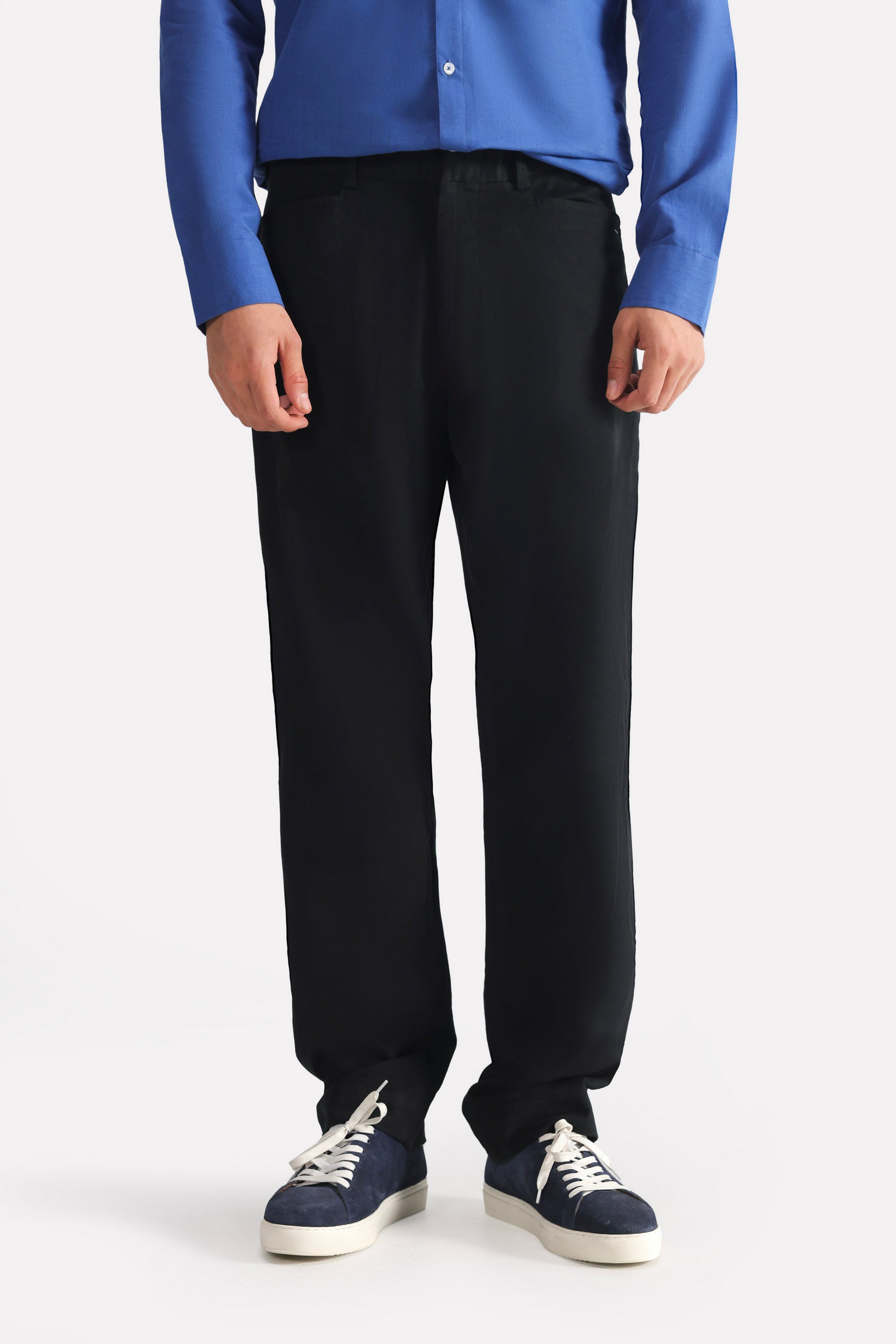 Black straight fit cotton trouser, full styled look, by SOLA Pakistan.