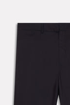 Texture and fabric detail, black straight fit cotton trouser, by SOLA Pakistan.