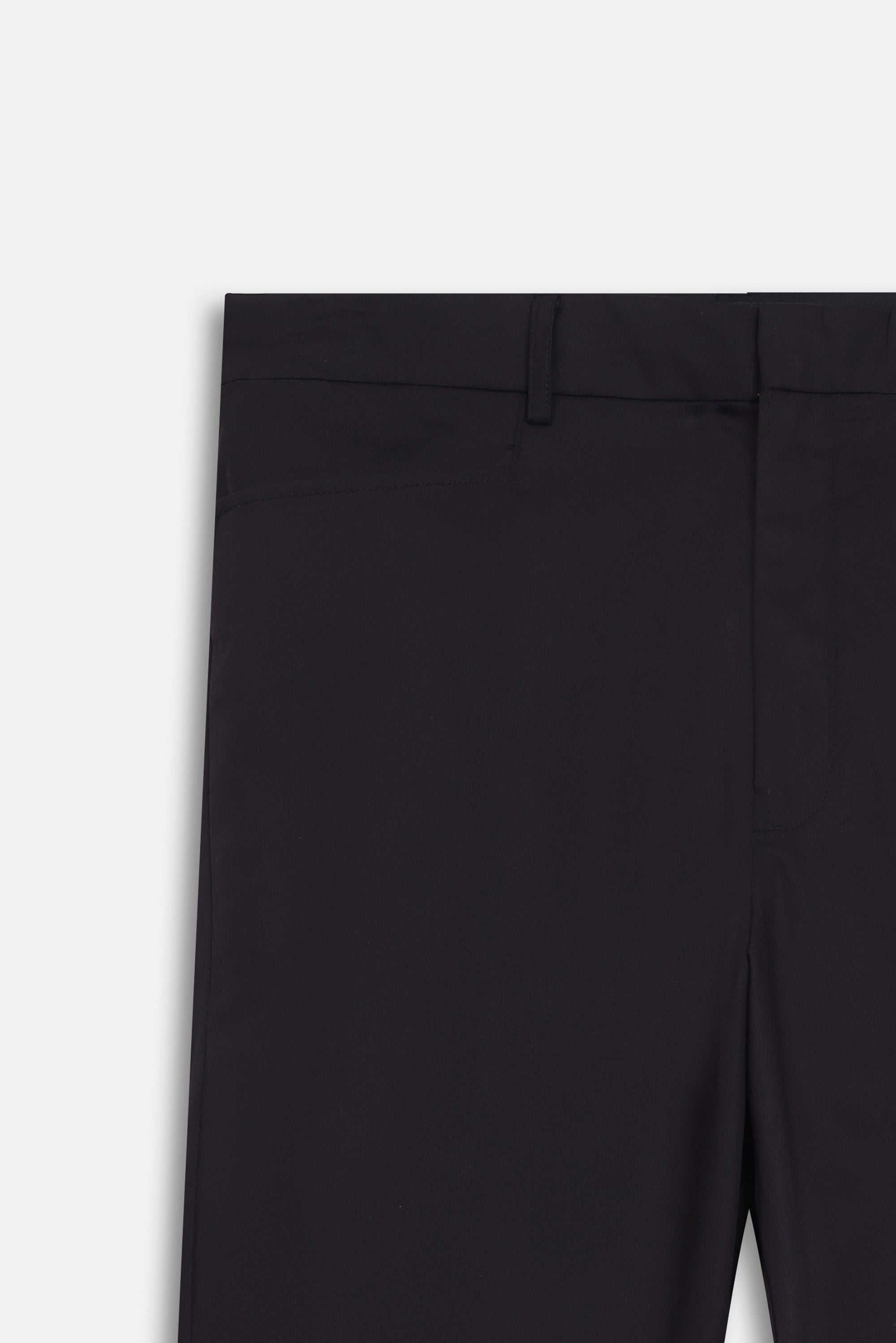 Texture and fabric detail, black straight fit cotton trouser, by SOLA Pakistan.