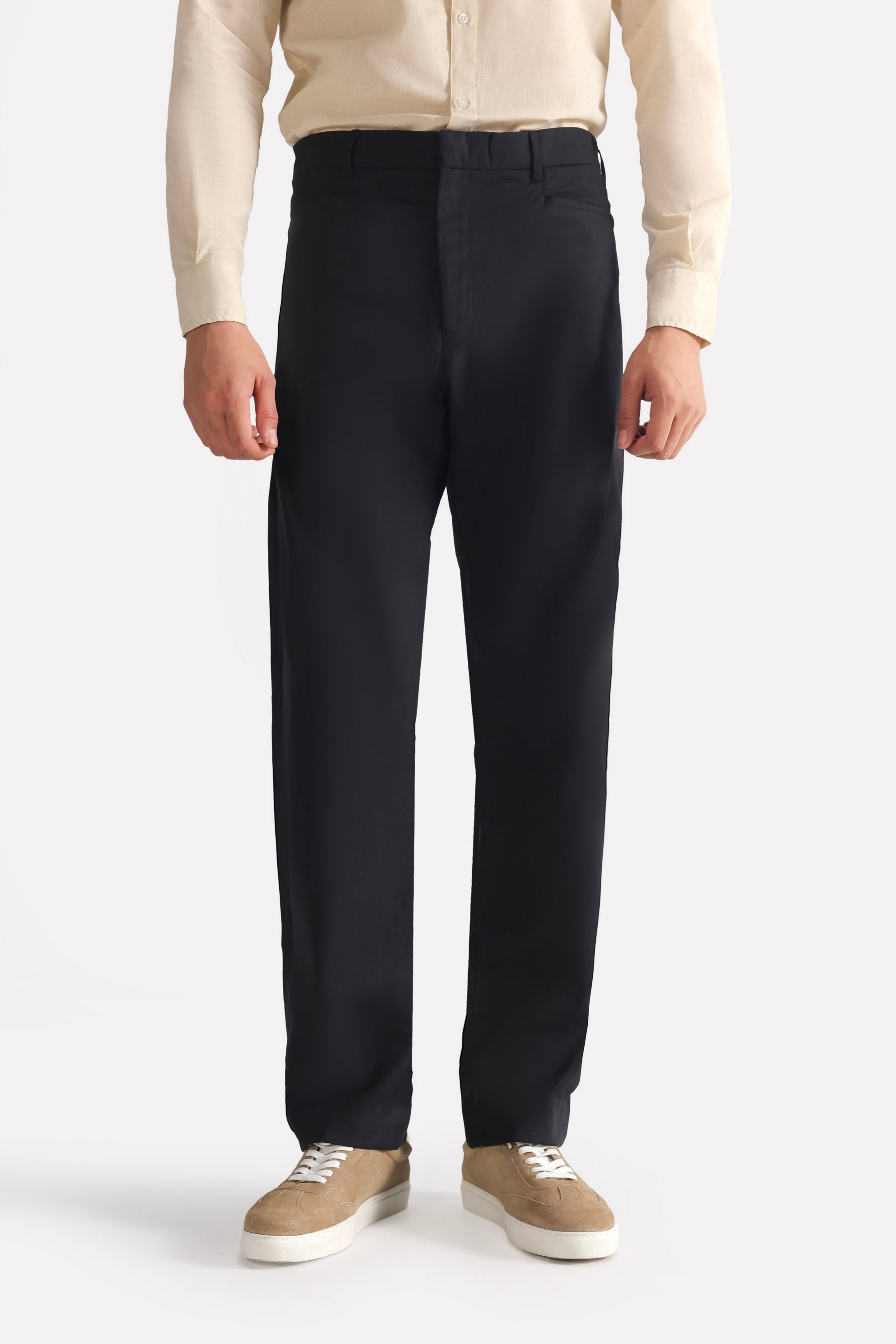 Black straight fit dobby trouser, full styled look, by SOLA Pakistan.