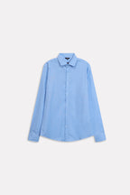 Blue (french blue) relaxed cotline shirt, alternate angle, by SOLA Pakistan.