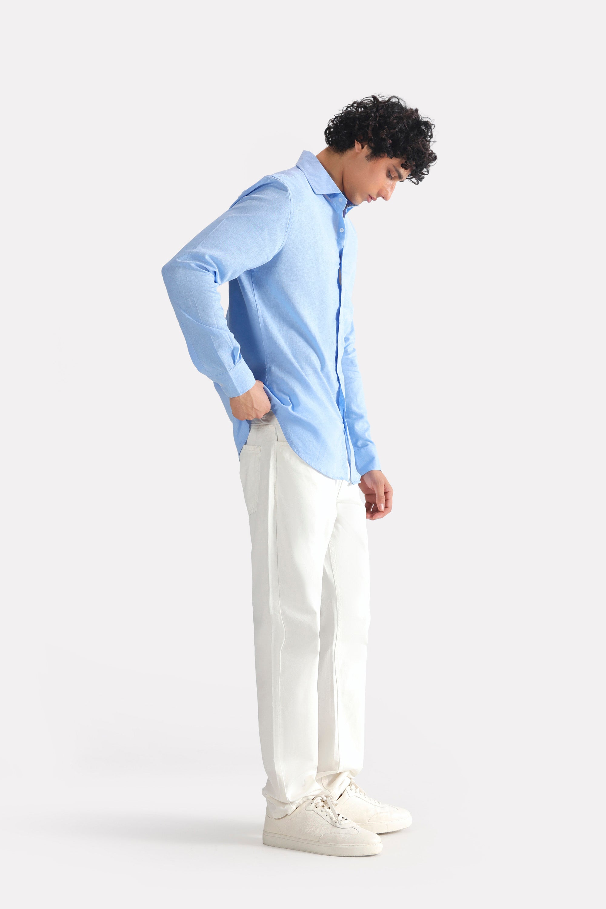 Blue (french blue) relaxed cotline shirt, full styled look, by SOLA Pakistan.
