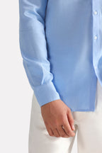 Blue (french blue) relaxed cotline shirt shown in a styled fit, by SOLA Pakistan.