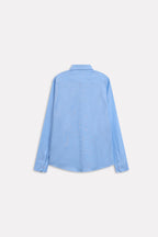 Texture and fabric detail, blue (french blue) relaxed cotline shirt, by SOLA Pakistan.