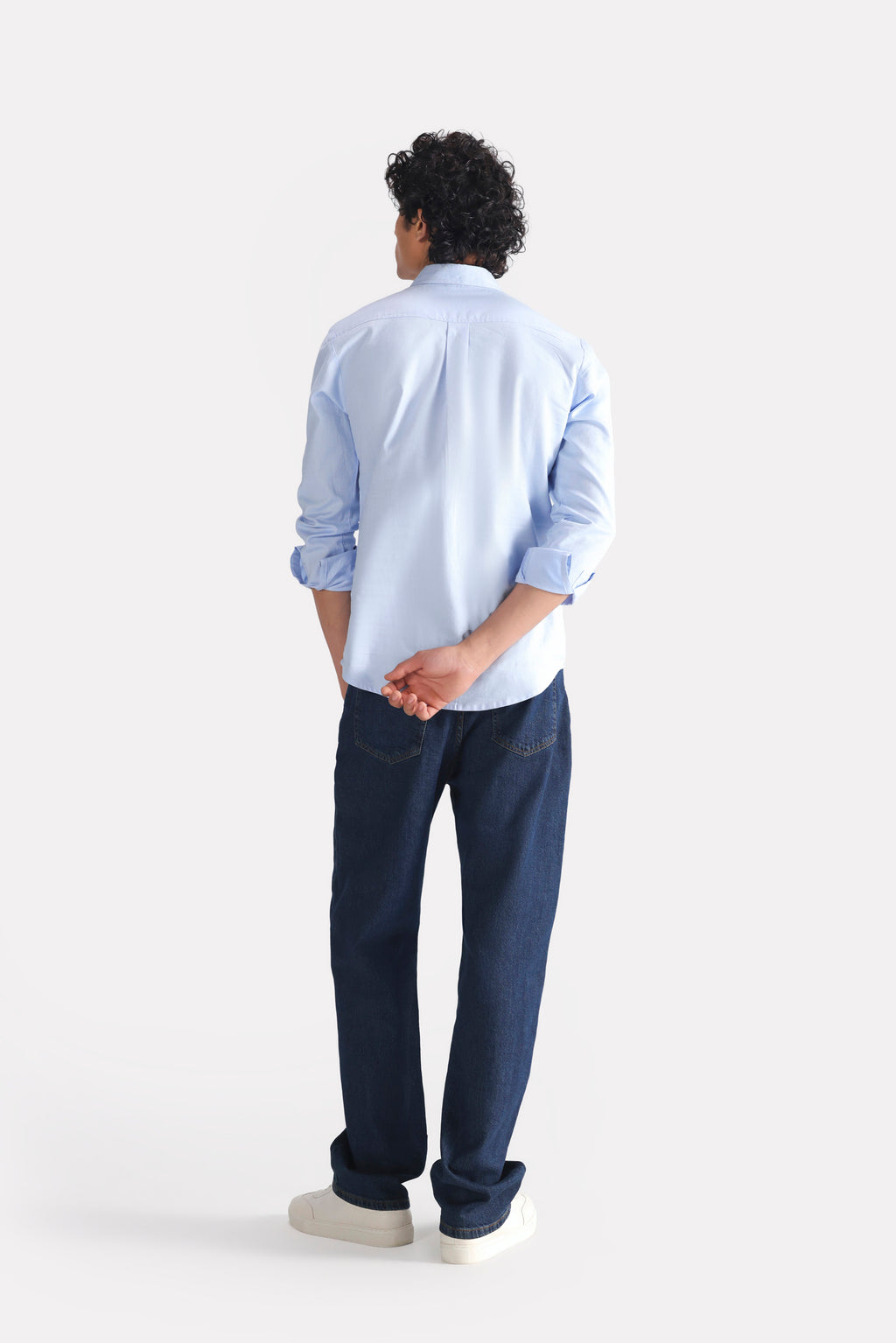 Blue slim fit textured oxford shirt, alternate angle, by SOLA Pakistan.