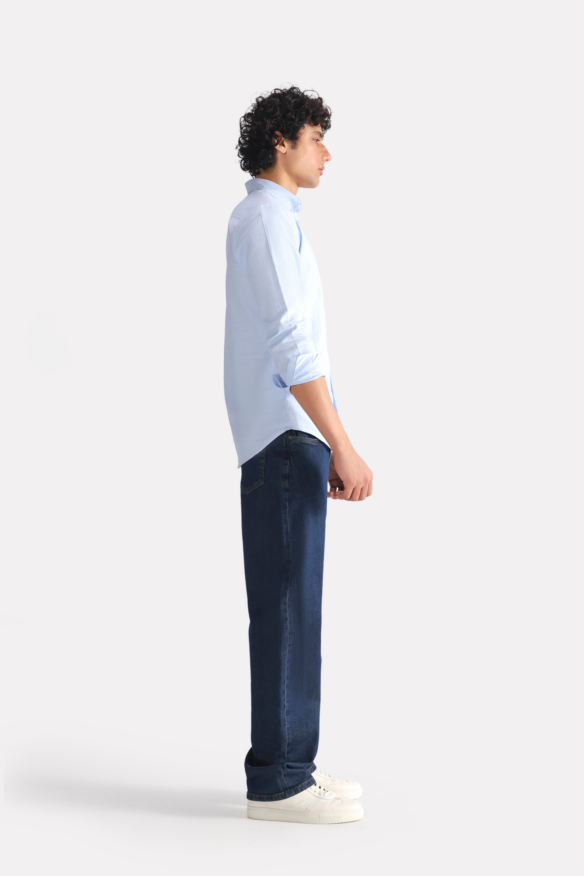 Blue slim fit textured oxford shirt, full styled look, by SOLA Pakistan.