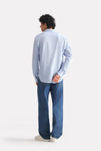 Blue stripe relaxed fit striped shirt, alternate angle, by SOLA Pakistan.