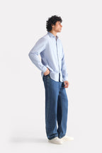 Blue stripe relaxed fit striped shirt, full styled look, by SOLA Pakistan.