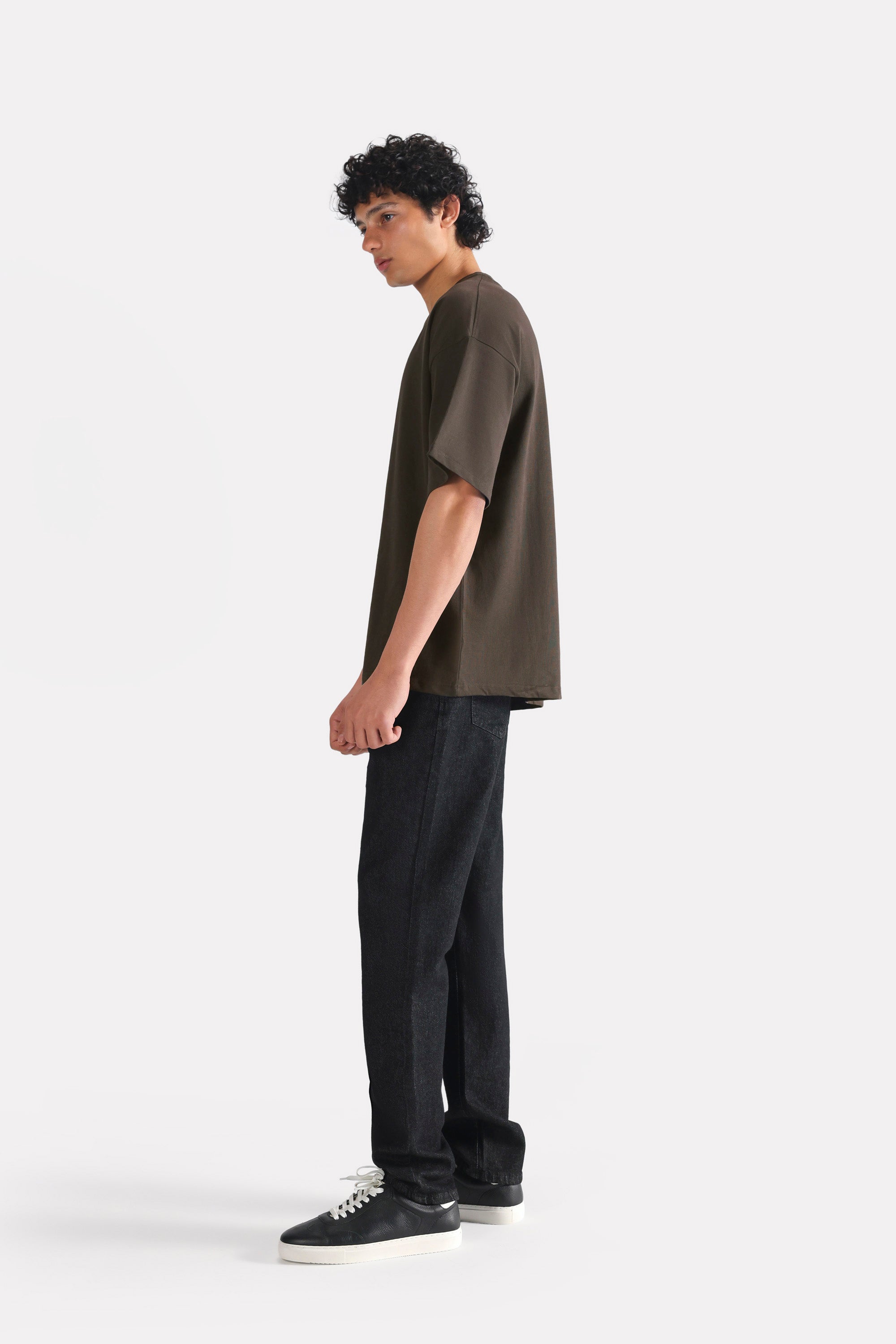 Brown drop shoulder cotton t-shirt, full styled look, by SOLA Pakistan.