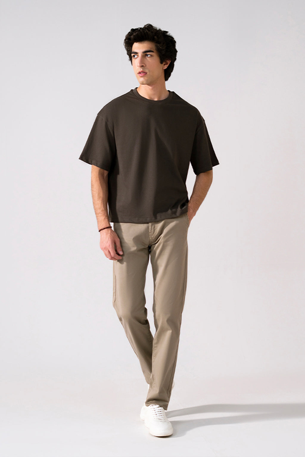 Brown heavy weight cropped t-shirt, full styled look, by SOLA Pakistan.