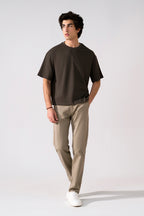 Brown heavy weight cropped t-shirt, full styled look, by SOLA Pakistan.