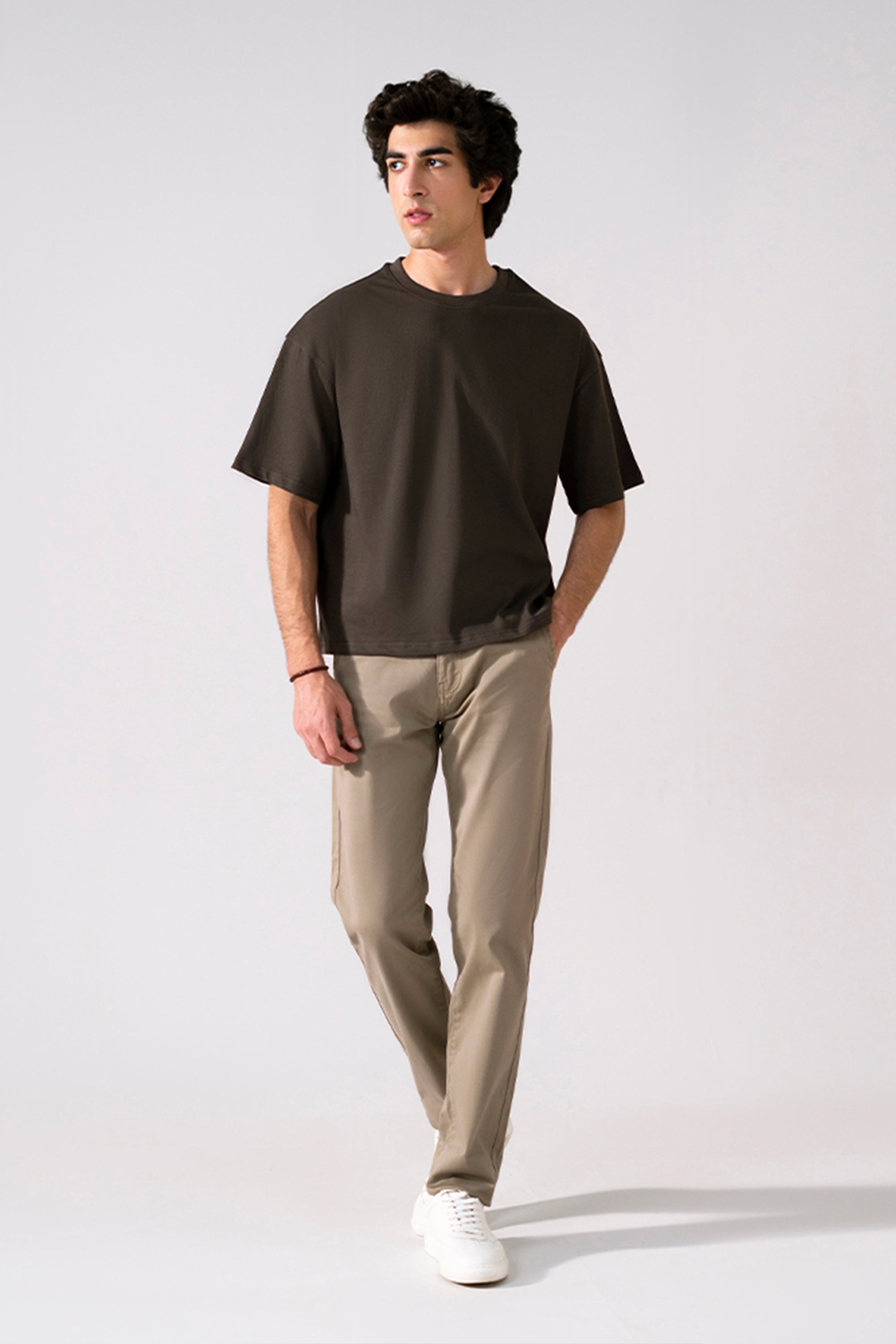 Brown heavy weight cropped t-shirt, full styled look, by SOLA Pakistan.