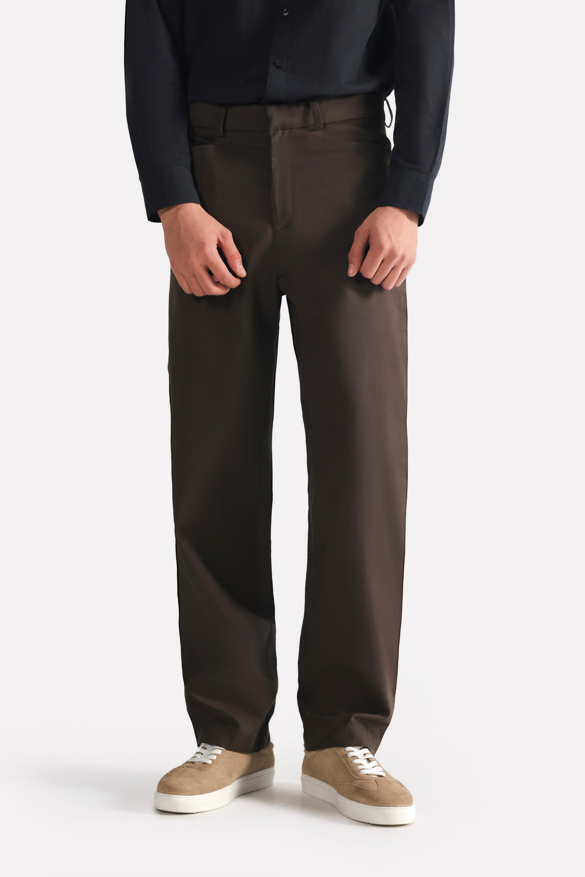 Brown (turkish coffee) straight fit cotton trouser, full styled look, by SOLA Pakistan.