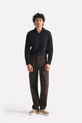 Brown (turkish coffee) straight fit cotton trouser, worn by a model, by SOLA Pakistan.