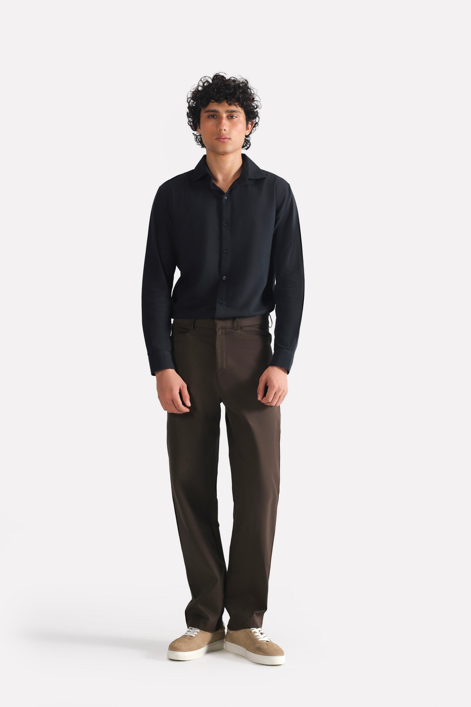 Brown (turkish coffee) straight fit cotton trouser, worn by a model, by SOLA Pakistan.