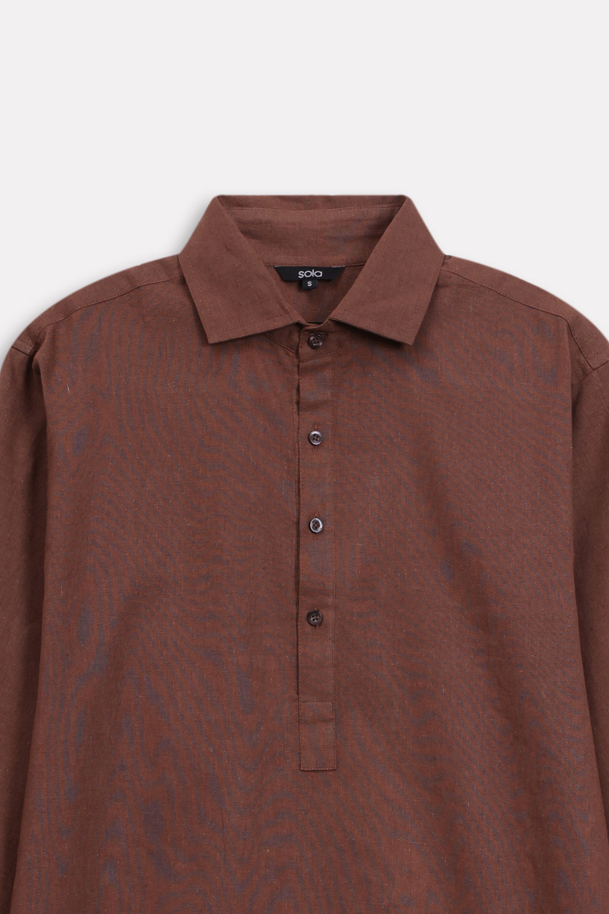 Additional view of the chocolate brown pop over half-placket shirt, by SOLA Pakistan.