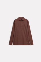 Chocolate brown pop over half-placket shirt, alternate angle, by SOLA Pakistan.