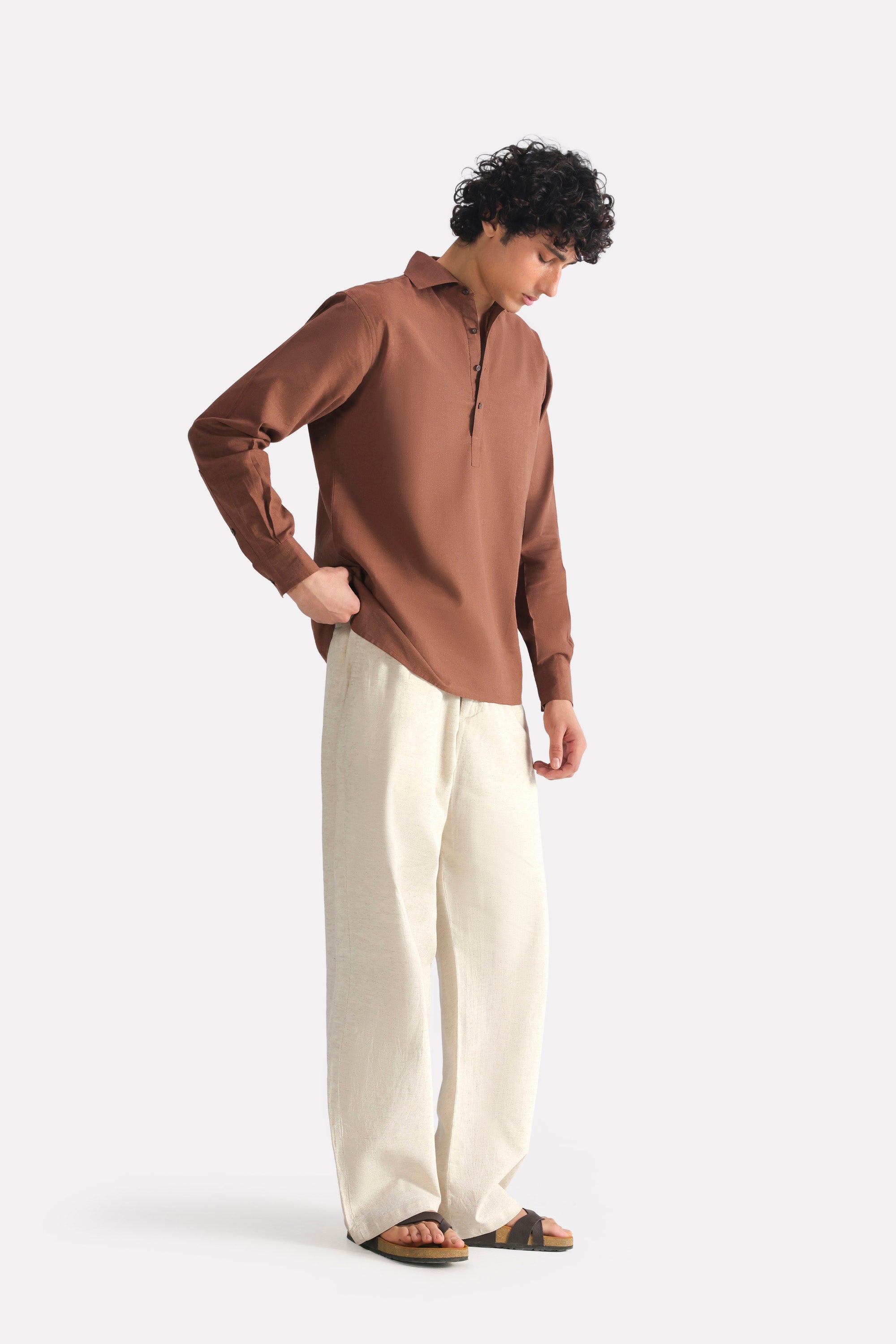 Chocolate brown pop over half-placket shirt, full styled look, by SOLA Pakistan.