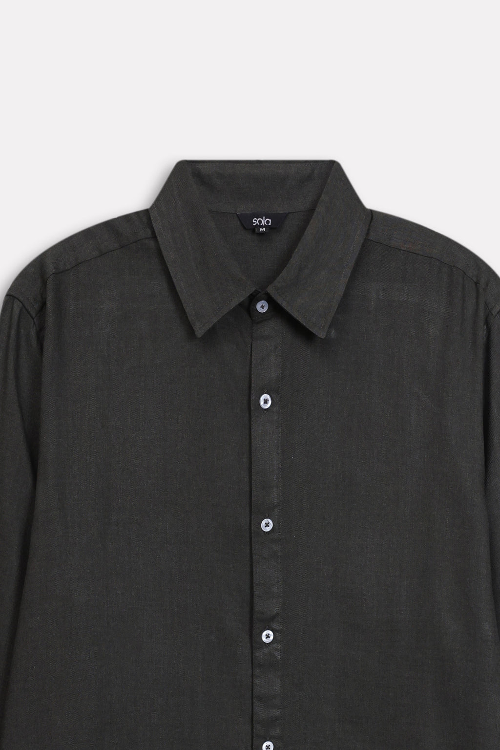 Additional view of the dark green (charcoal green) state flow button down shirt, by SOLA Pakistan.