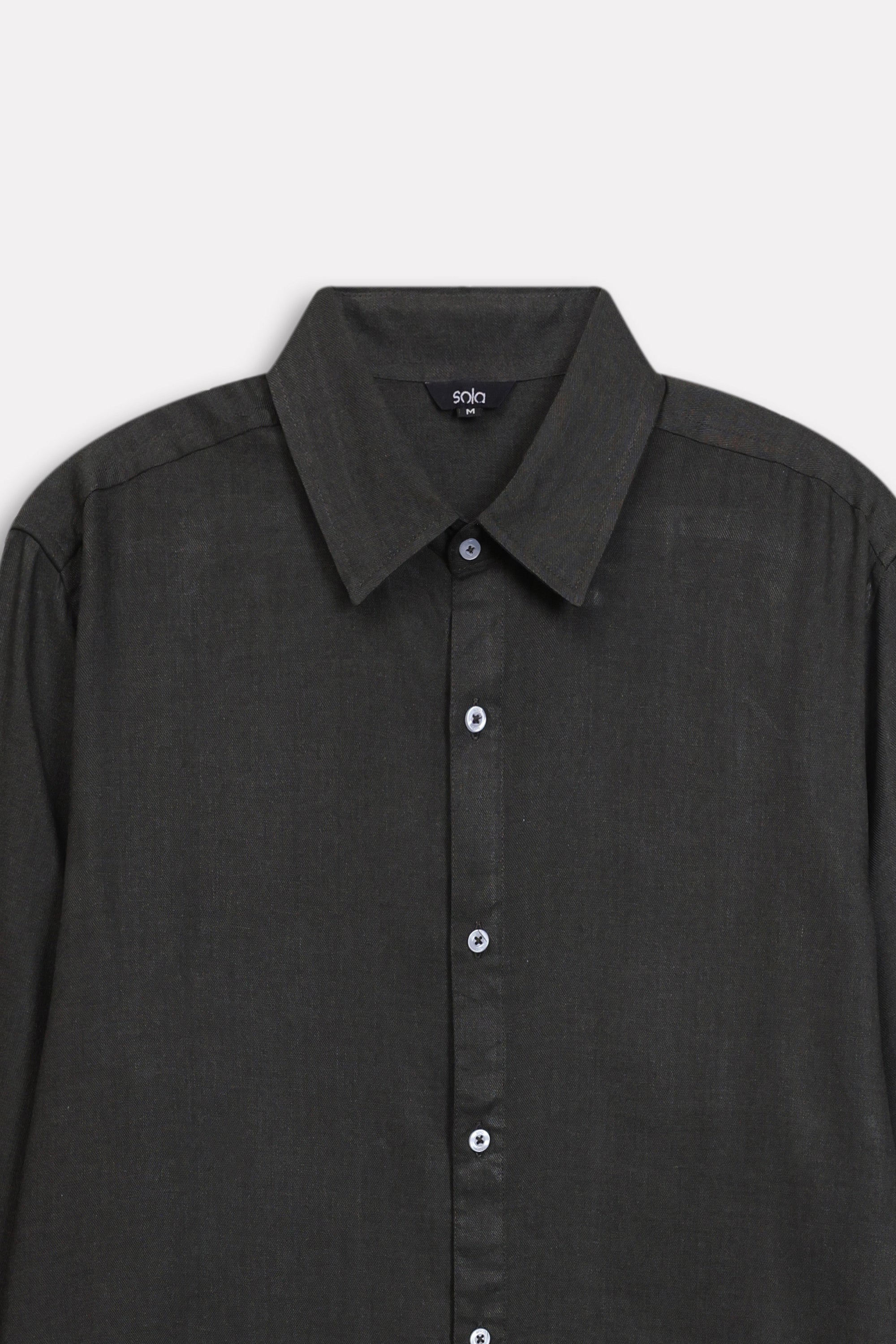 Additional view of the dark green (charcoal green) state flow button down shirt, by SOLA Pakistan.