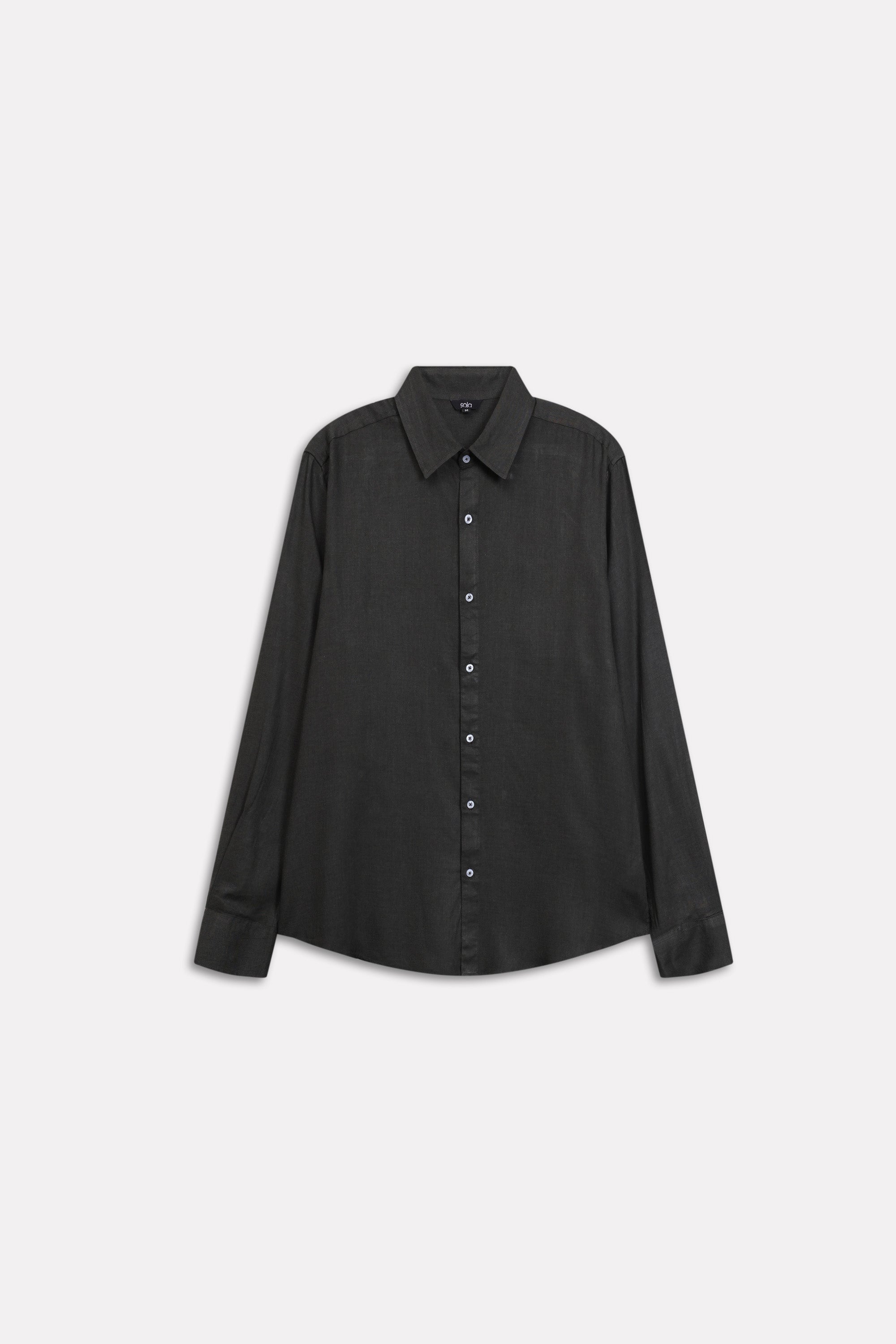 Dark green (charcoal green) state flow button down shirt, alternate angle, by SOLA Pakistan.