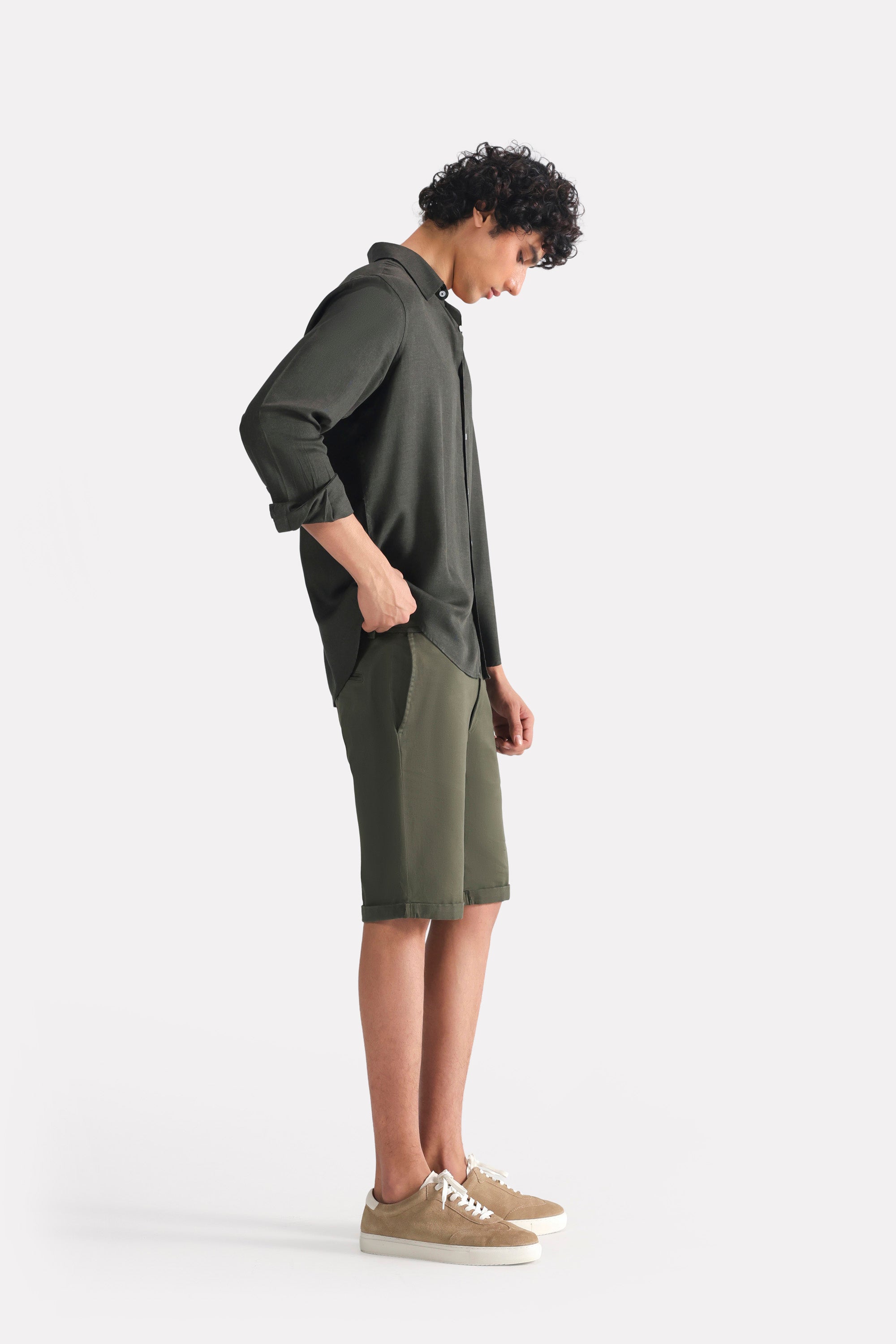 Dark green (charcoal green) state flow button down shirt, full styled look, by SOLA Pakistan.