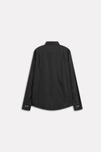 Texture and fabric detail, dark green (charcoal green) state flow button down shirt, by SOLA Pakistan.