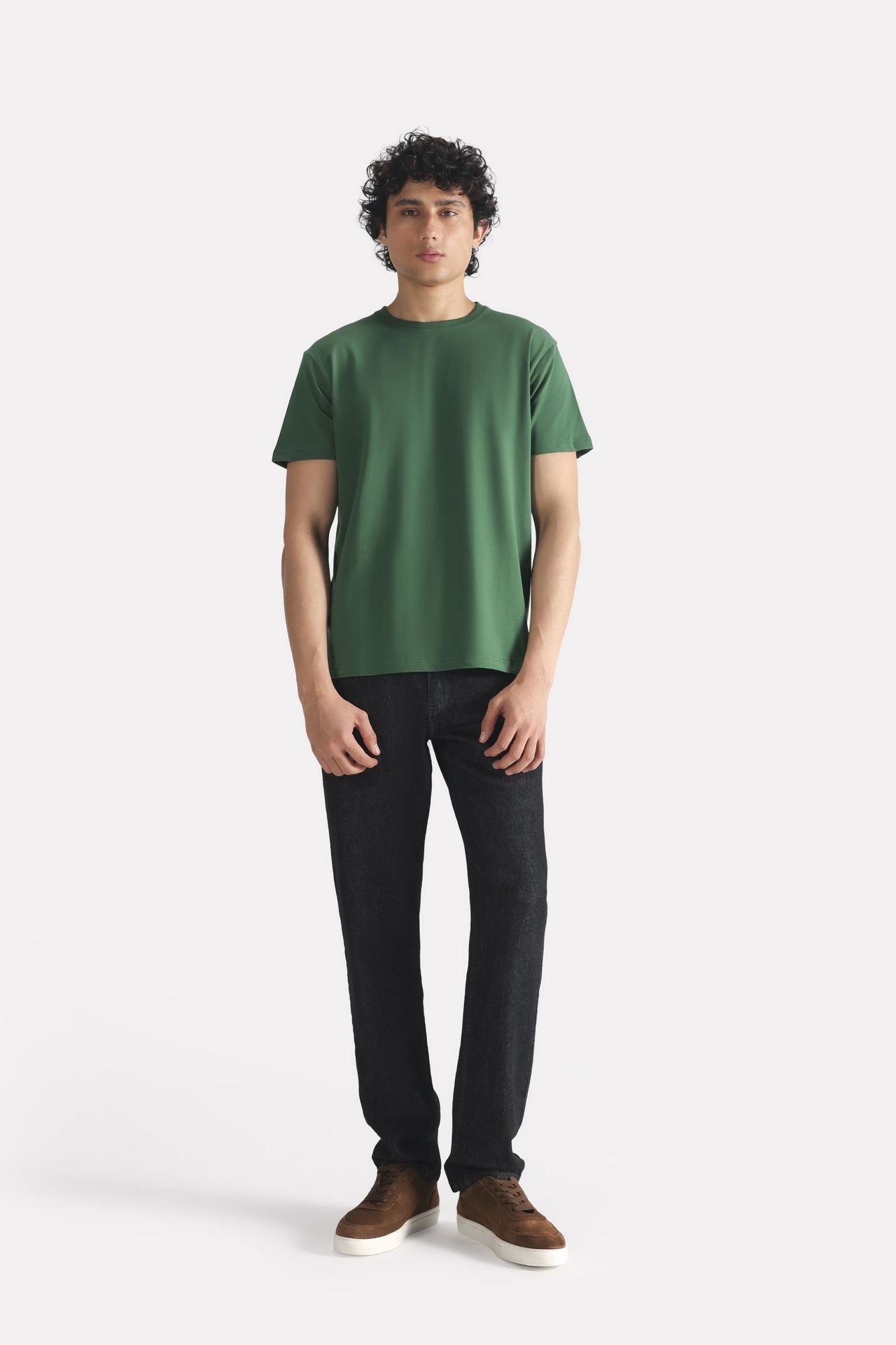 Close-up detail on the dark green regular fit crew neck t-shirt, by SOLA Pakistan.