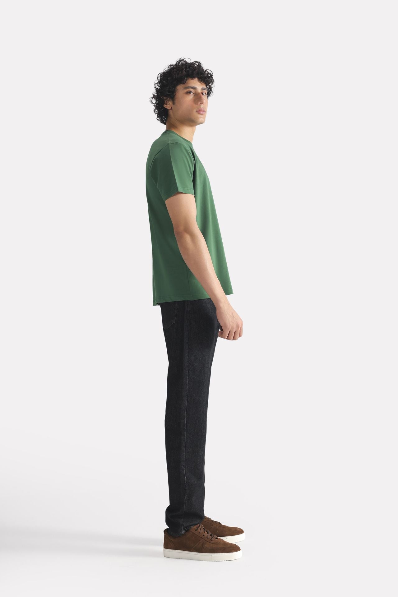 Dark green regular fit crew neck t-shirt, full styled look, by SOLA Pakistan.