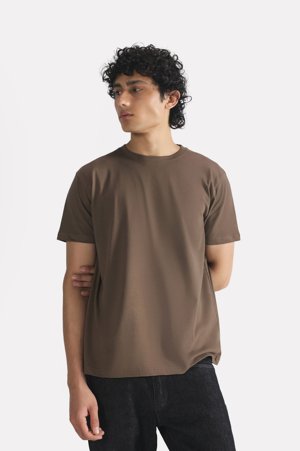 Close-up detail on the dark grey (darkmole) regular fit crew neck t-shirt, by SOLA Pakistan.