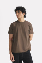 Close-up detail on the dark grey (darkmole) regular fit crew neck t-shirt, by SOLA Pakistan.