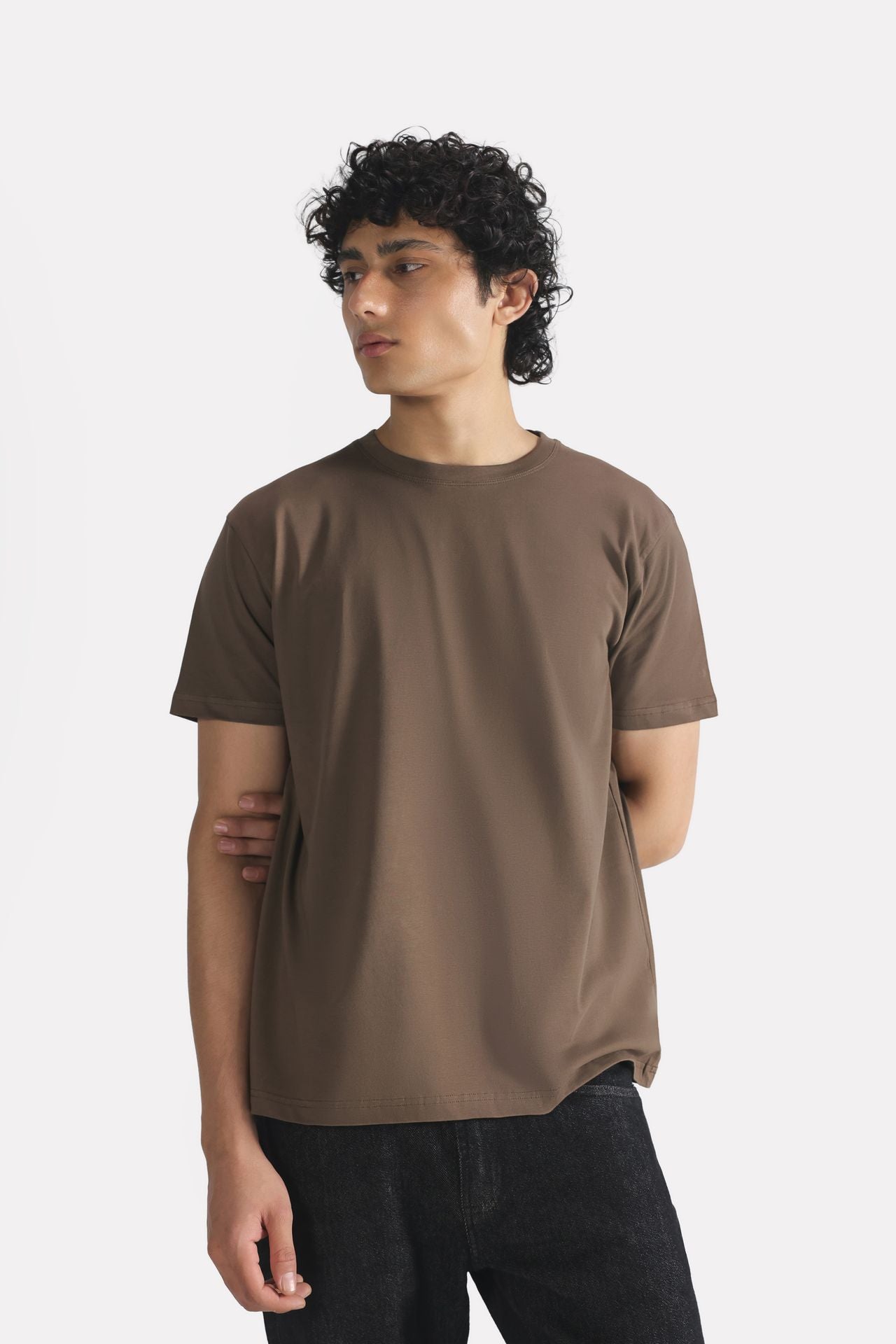 Close-up detail on the dark grey (darkmole) regular fit crew neck t-shirt, by SOLA Pakistan.