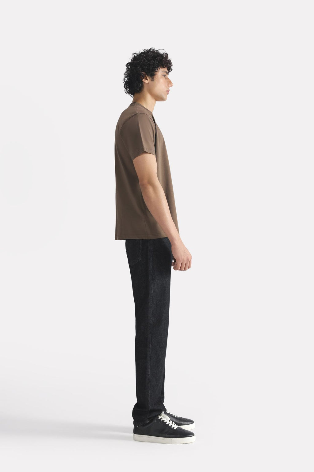 Dark grey (darkmole) regular fit crew neck t-shirt, full styled look, by SOLA Pakistan.