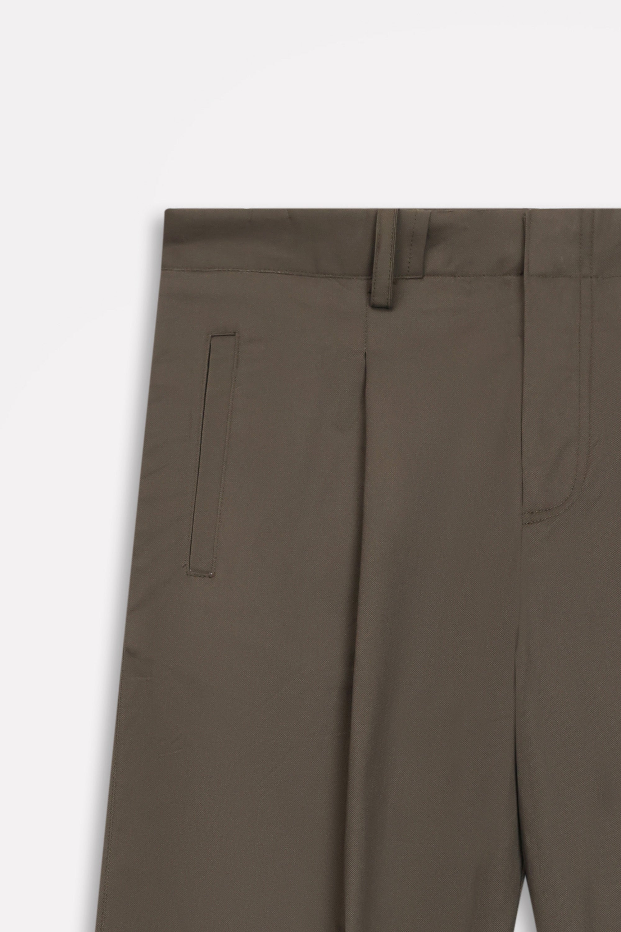 Texture and fabric detail, dark olive barrel-leg pleated trouser, by SOLA Pakistan.