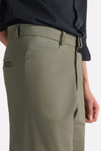Close-up detail on the dark olive straight fit cotton trouser, by SOLA Pakistan.