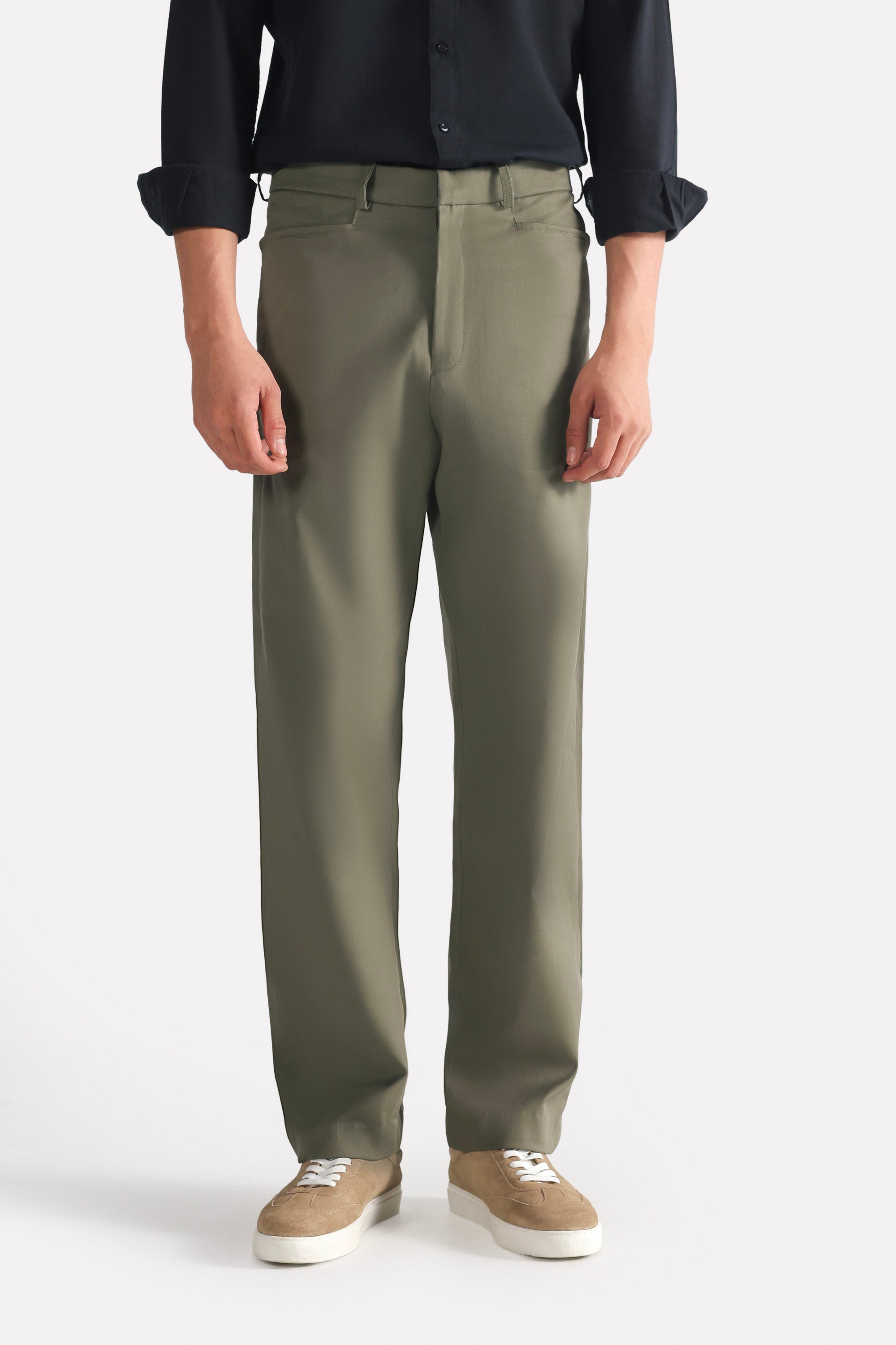 Dark olive straight fit cotton trouser, full styled look, by SOLA Pakistan.