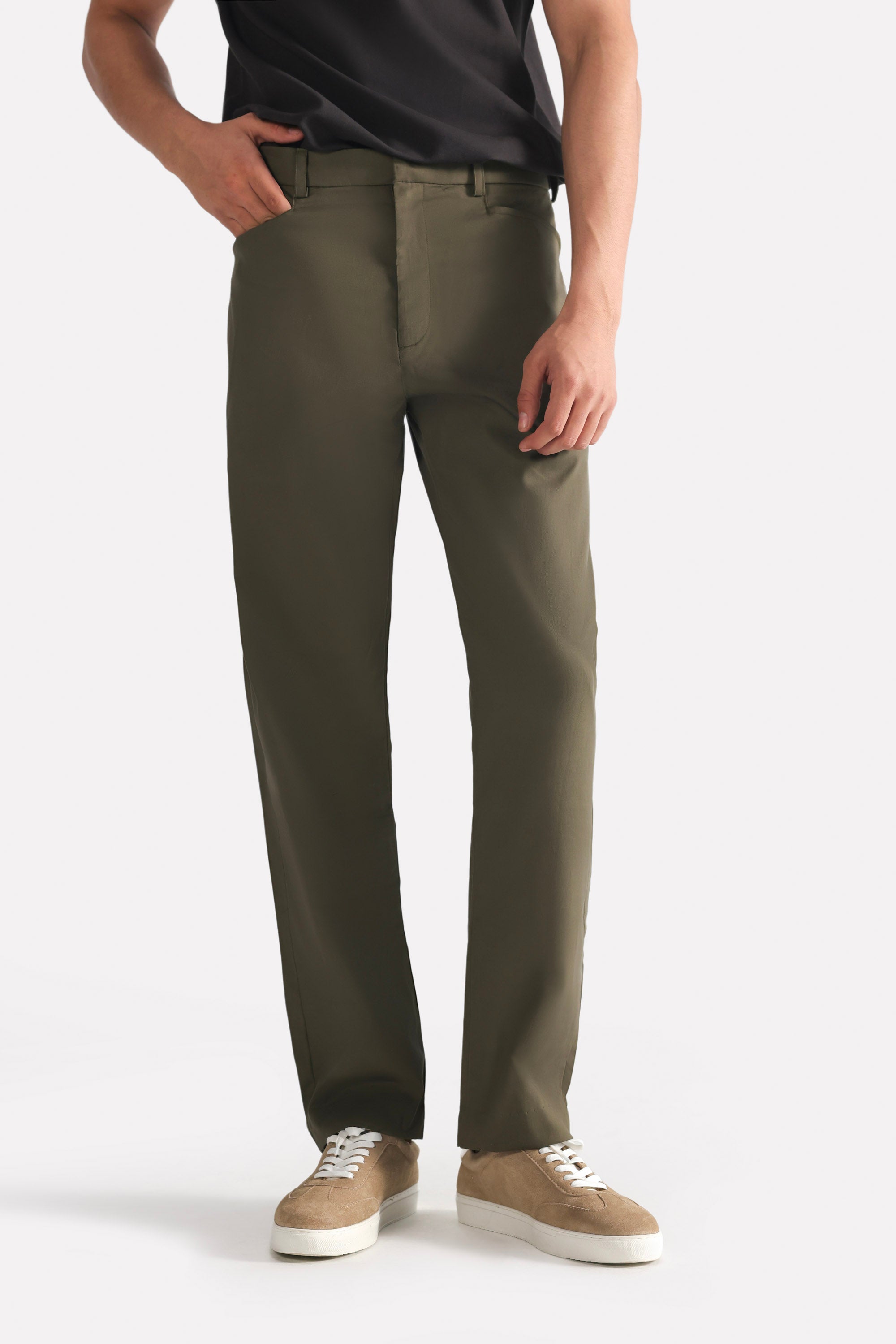 Dark olive straight fit dobby trouser, full styled look, by SOLA Pakistan.