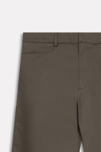 Texture and fabric detail, dark olive straight fit dobby trouser, by SOLA Pakistan.